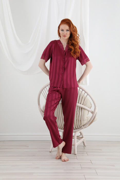 SEVİM - 13067 Kadın Dantelli Saten Düğmeli Pijama Takım