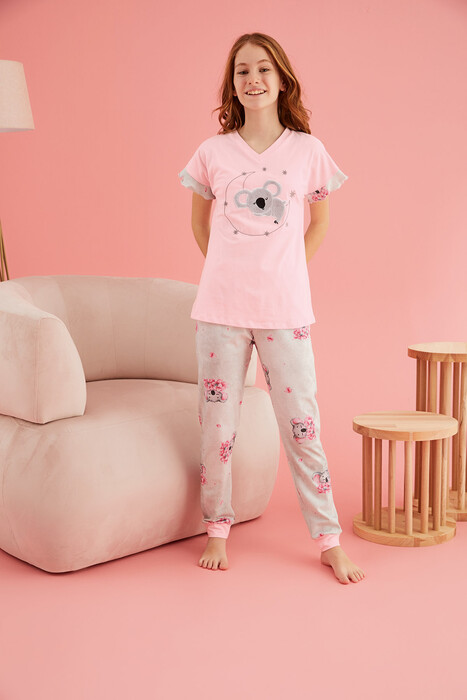 ZEYZEY - 8385 Kız Çocuk V Yaka Pijama Takım