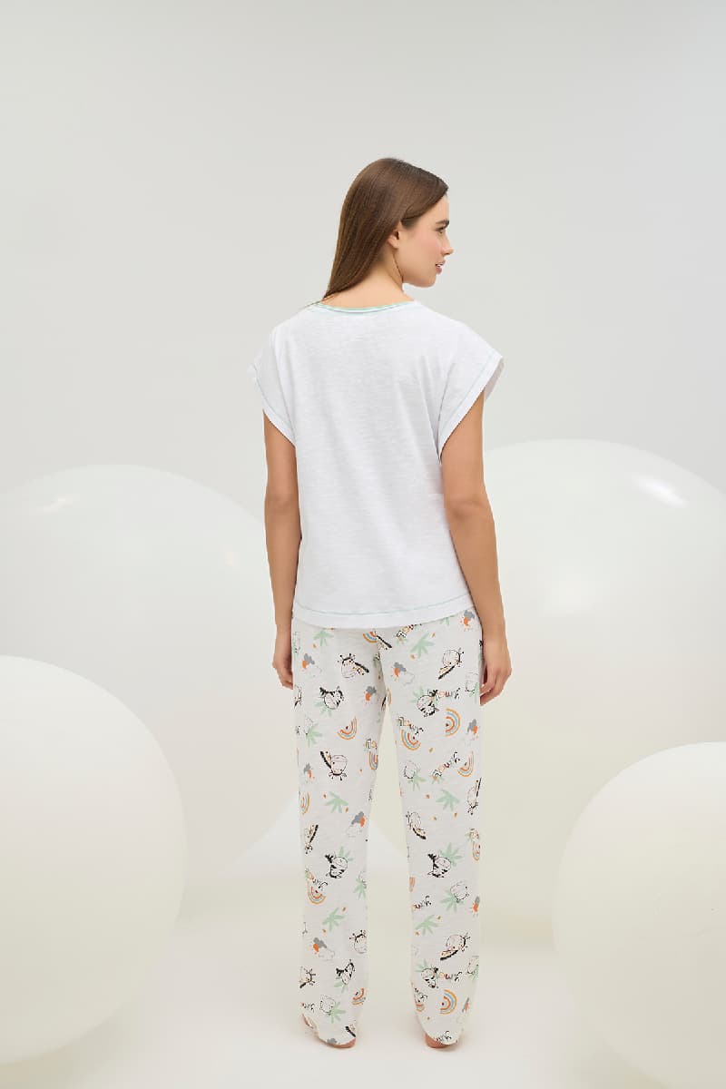 16843 Kadın Baskılı Bisiklet Yaka Pijama Takımı