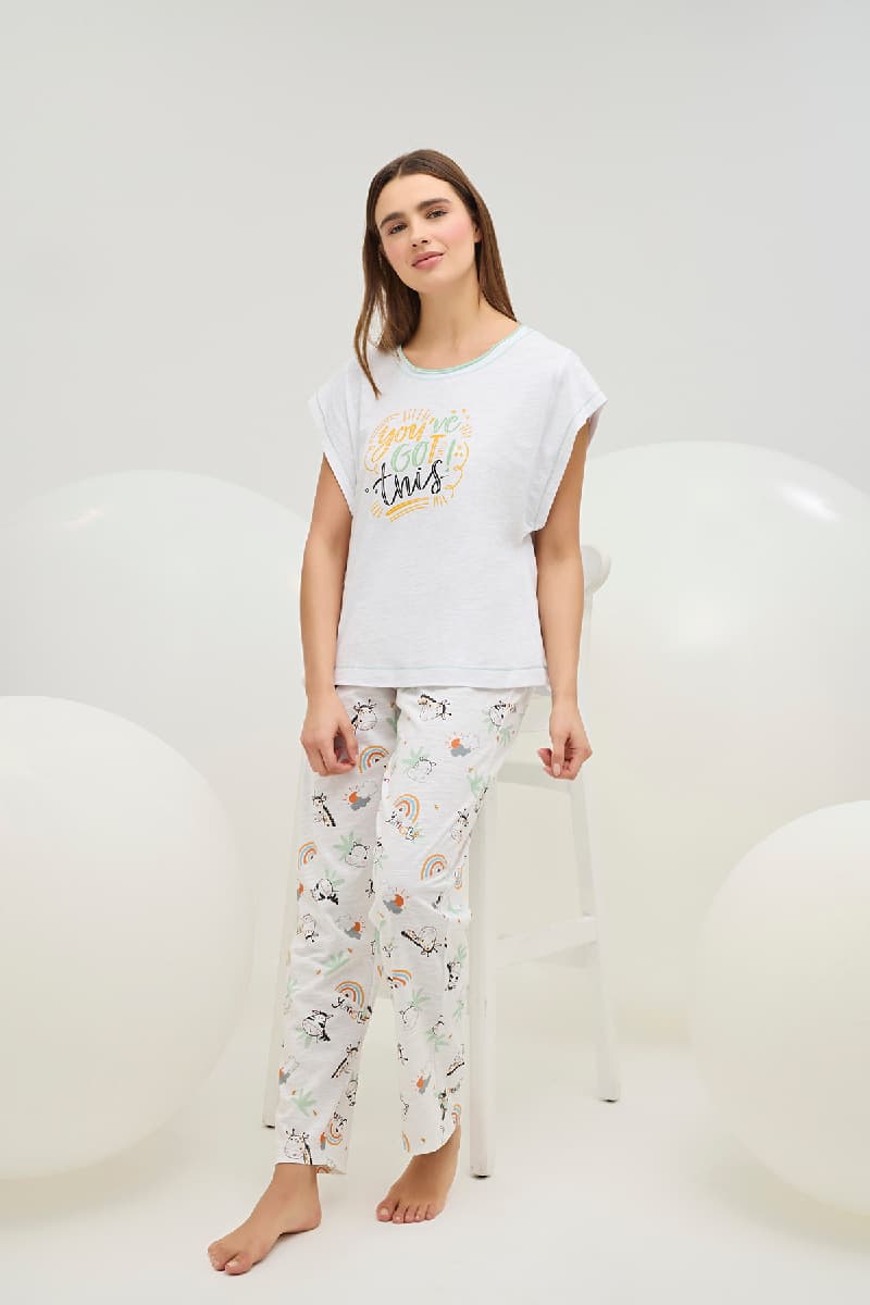 16843 Kadın Baskılı Bisiklet Yaka Pijama Takımı