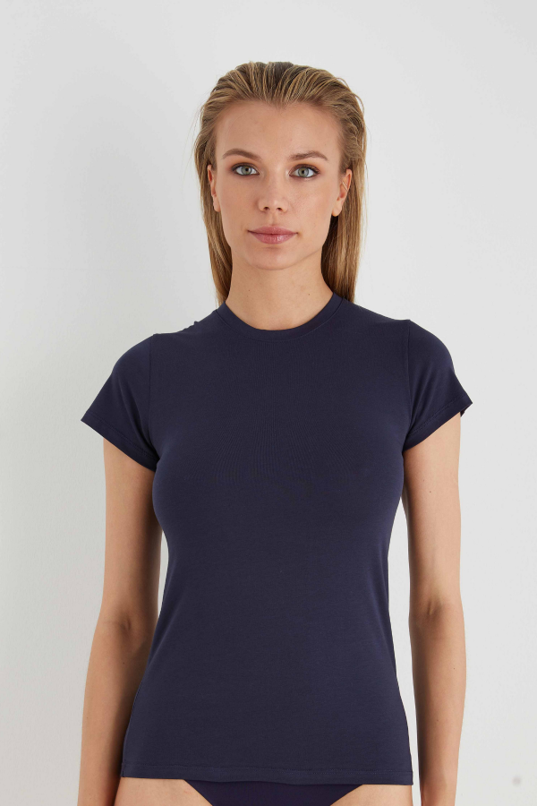 1269 Kadın Yuvarlak Yaka T-shirt-LACİVERT