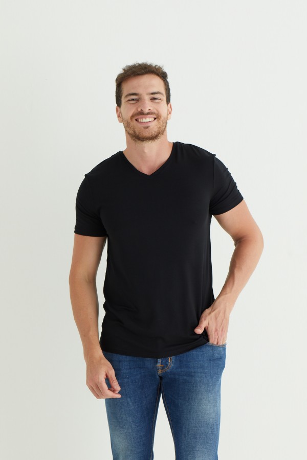 9120 ERKEK V YAKA T-SHIRT-SİYAH