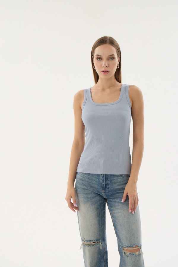 16157 KADIN FİTİLLİ KARE YAKA KOLSUZ T-SHIRT-GRİ