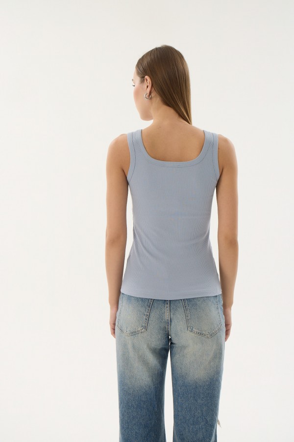 16157 KADIN FİTİLLİ KARE YAKA KOLSUZ T-SHIRT-GRİ