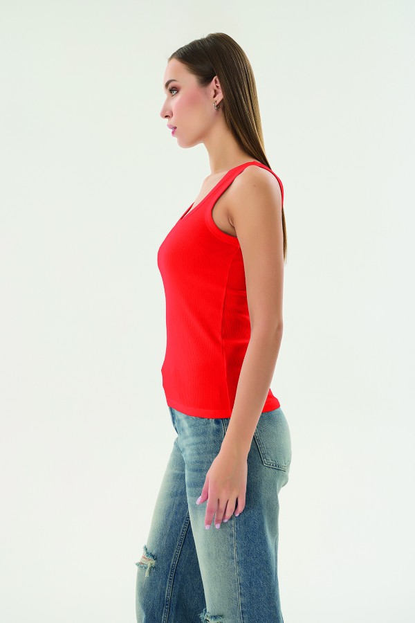16157 KADIN FİTİLLİ KARE YAKA KOLSUZ T-SHIRT-KIRMIZI