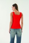 16157 KADIN FİTİLLİ KARE YAKA KOLSUZ T-SHIRT-KIRMIZI