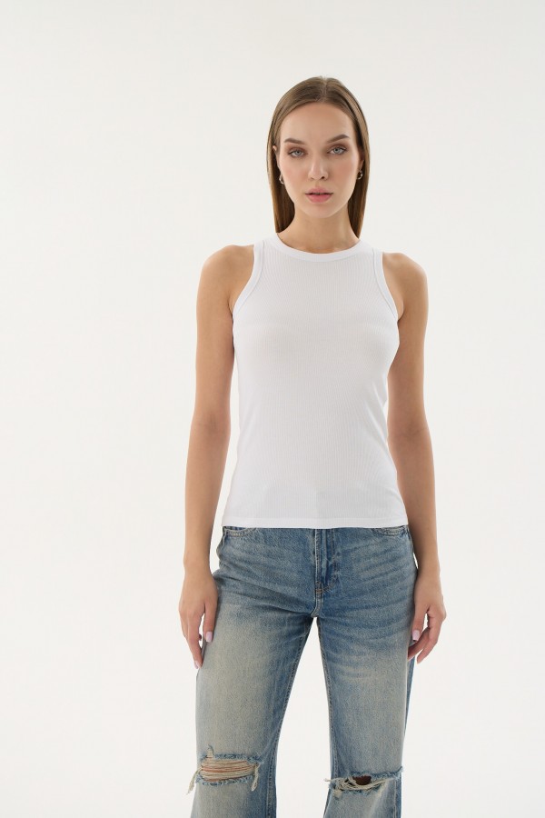 16156 KADIN FİTİLLİ KAPALI YAKA T-SHIRT-BEYAZ