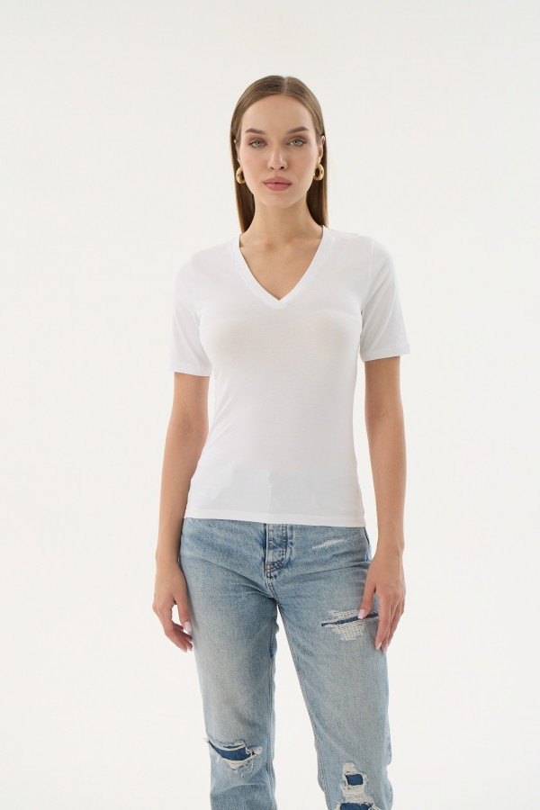 16280 MODAL BAYAN V YAKA T-SHIRT-BEYAZ