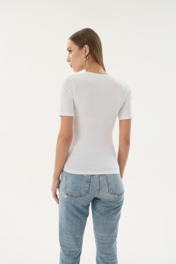 16280 MODAL BAYAN V YAKA T-SHIRT-BEYAZ