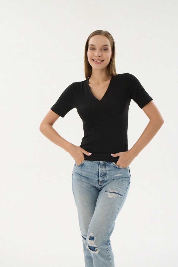 16280 MODAL BAYAN V YAKA T-SHIRT-SİYAH