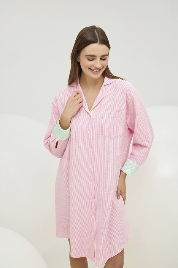 16854 KADIN GÖMLEK ELBİSE-PEMBE ÇİZGİLİ 2068