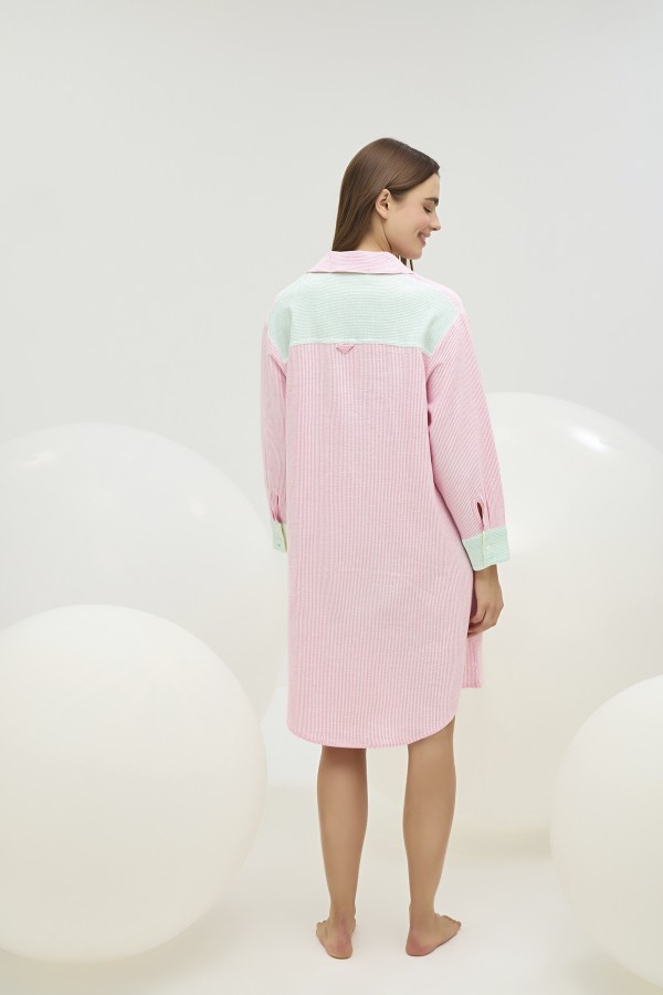 16854 KADIN GÖMLEK ELBİSE-PEMBE ÇİZGİLİ 2068
