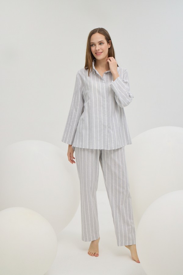16446 Kadın Gömlek Şort Pantalon 3 Lü Takım-GRİ ZEMİN BEYAZ ÇİZGİLİ
