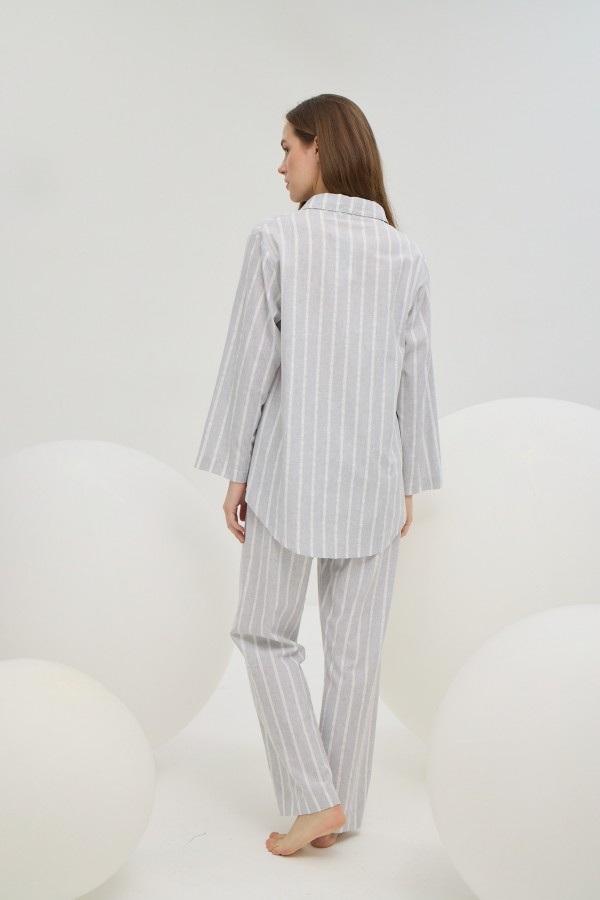 16446 Kadın Gömlek Şort Pantalon 3 Lü Takım-GRİ ZEMİN BEYAZ ÇİZGİLİ