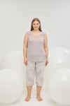 16766 KADIN BIG SIZE TAŞ BASKILI KISA PİJAMA TAKIM-GRİ