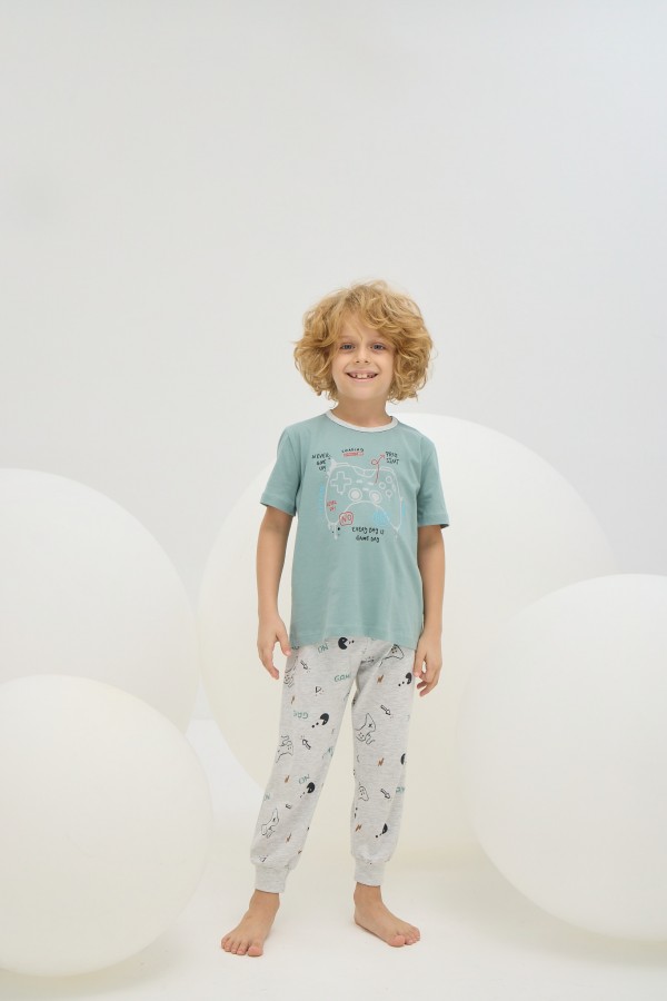 8779 Erkek Çocuk Baskılı Pijama Takım-YEŞİL