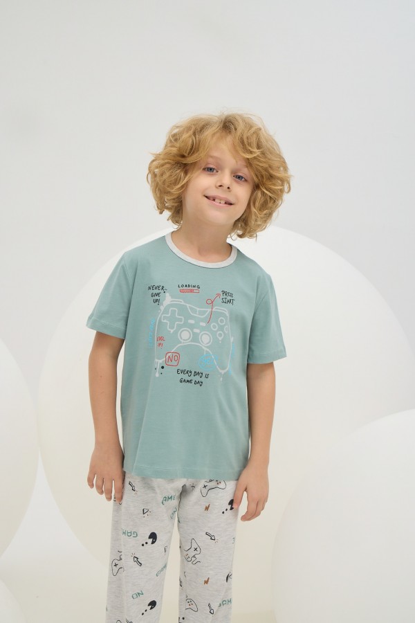 8779 Erkek Çocuk Baskılı Pijama Takım-YEŞİL