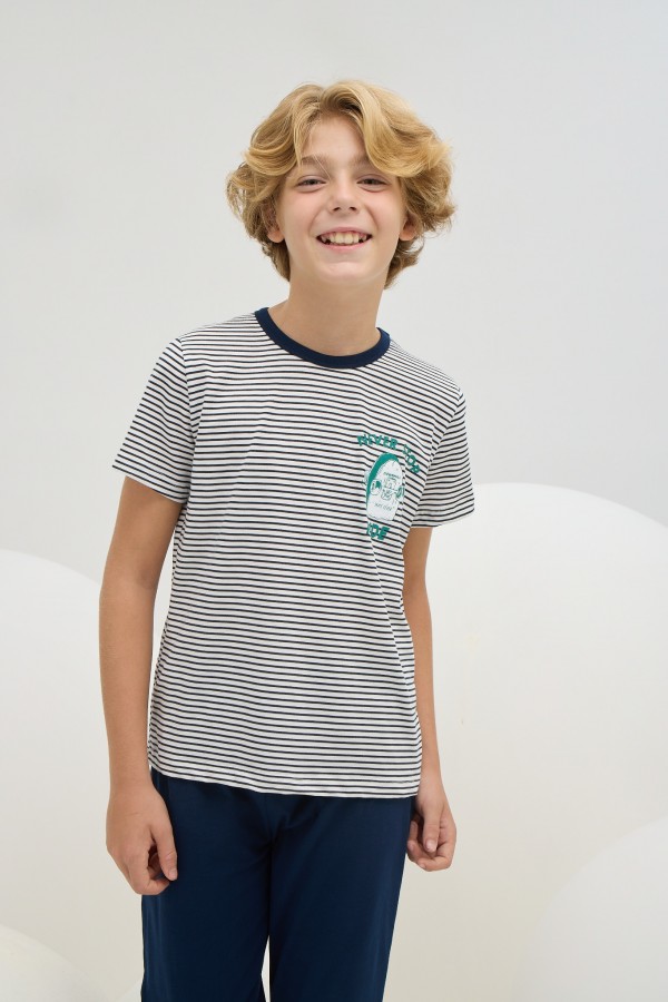 8785 Erkek Çocuk Baskılı Bisiklet Yaka Pijama Takım-LACİVERT ÇİZGİLİ 2576 / 2855