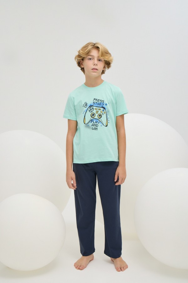 8808 Erkek Çocuk Baskılı Pijama Takım-TURKUAZ
