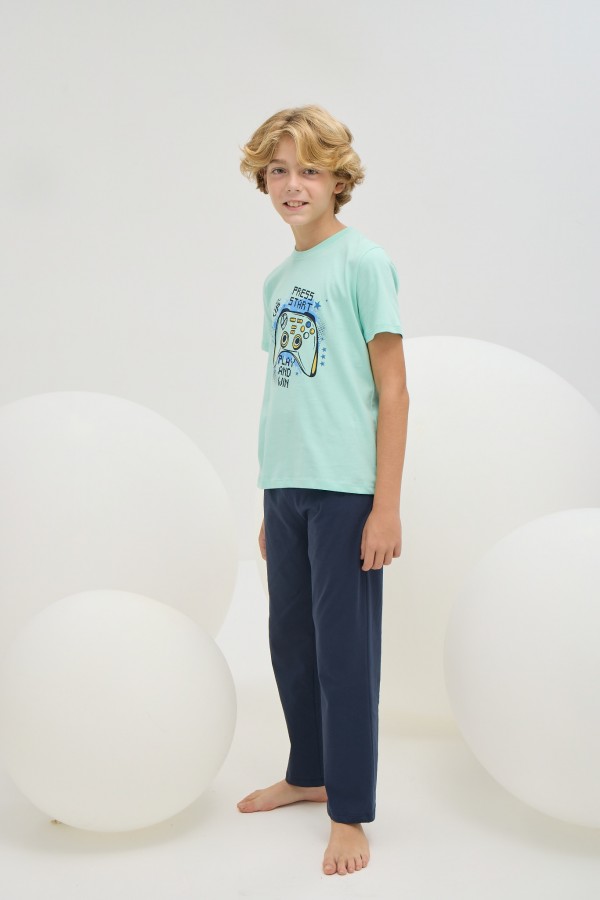 8808 Erkek Çocuk Baskılı Pijama Takım-TURKUAZ