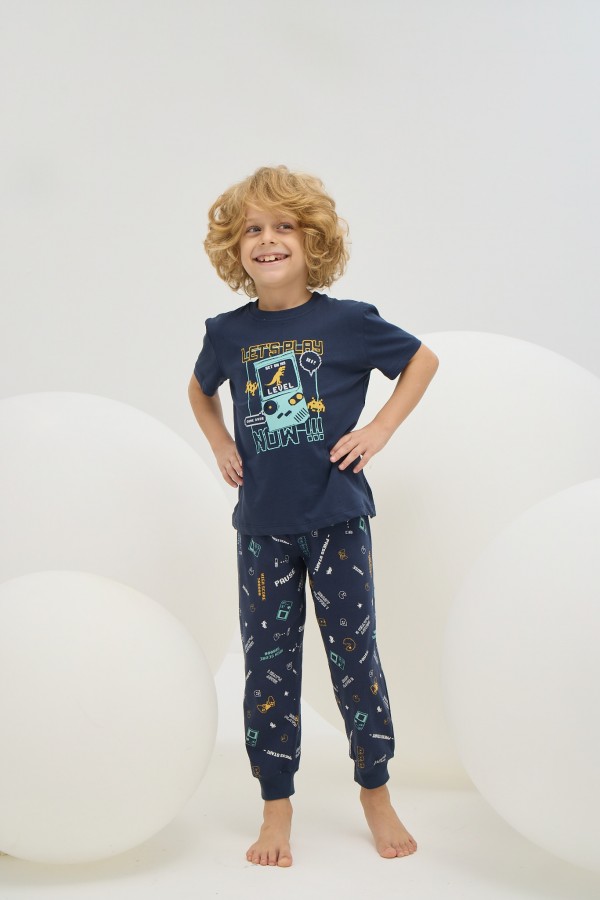 8807 Erkek Çocuk Baskılı Pijama Takım-LACİVERT
