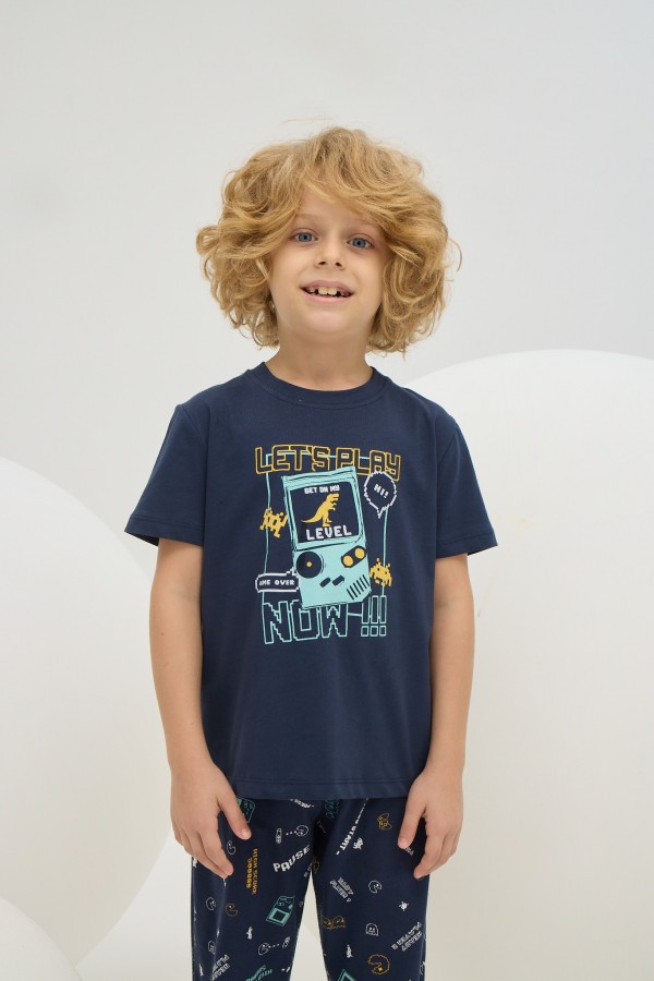 8807 Erkek Çocuk Baskılı Pijama Takım-LACİVERT