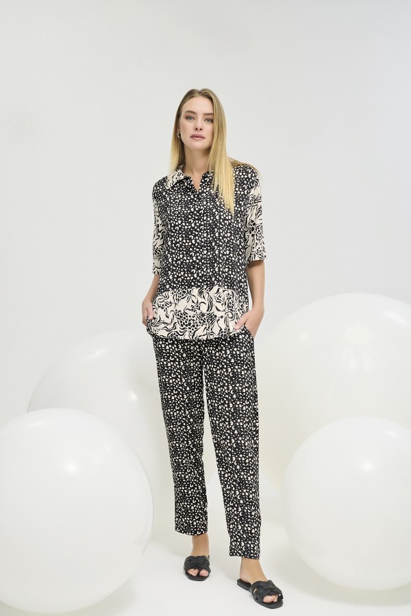 21270 Kadın Düğmeli Pantalon Takım-SİYAH LEOPAR 28908 / 2823