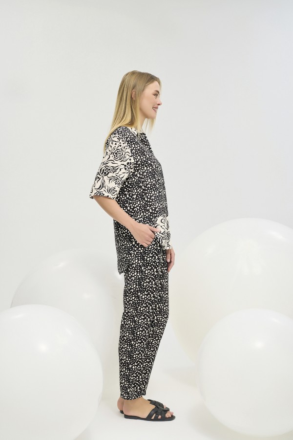 21270 Kadın Düğmeli Pantalon Takım-SİYAH LEOPAR 28908 / 2823