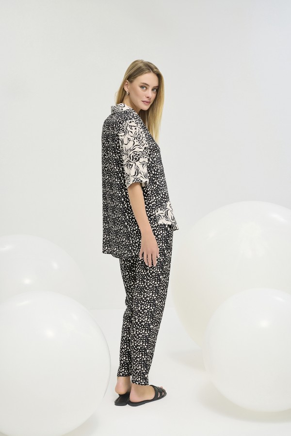 21270 Kadın Düğmeli Pantalon Takım-SİYAH LEOPAR 28908 / 2823