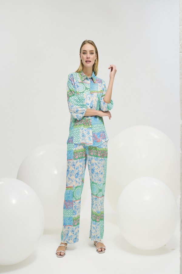 21253 Kadın Desenli Gömlek Pantalon Takım-DESENLİ 27980-02 /2813