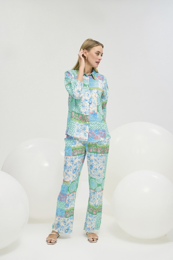 21253 Kadın Desenli Gömlek Pantalon Takım-DESENLİ 27980-02 /2813