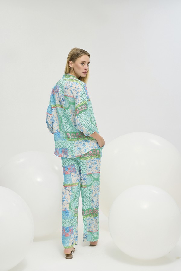 21253 Kadın Desenli Gömlek Pantalon Takım-DESENLİ 27980-02 /2813